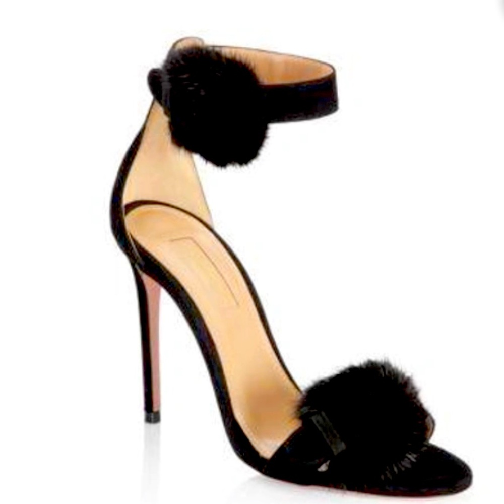 AQUAZZURA  STILETTO
“SINATRA SANDALS”
MINK FUR & SUEDE 
SIZE 38  BLACK 105MM
